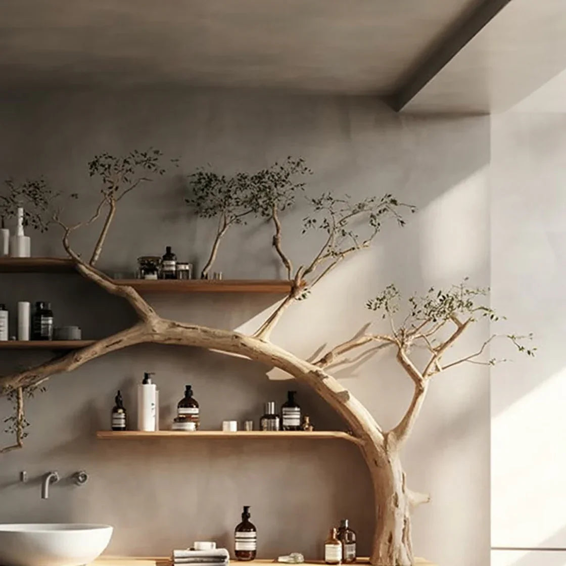 Sustainably crafted wooden tree bookshelf with floating shelves in a modern bathroom
