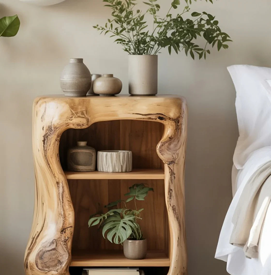 Solid wood live edge nightstand with natural finish, ceramic vases, and potted plants