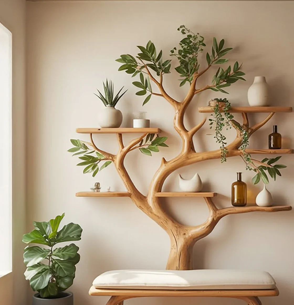 Wooden tree-shaped wall shelf with green plants and ceramic decor in minimalist living space