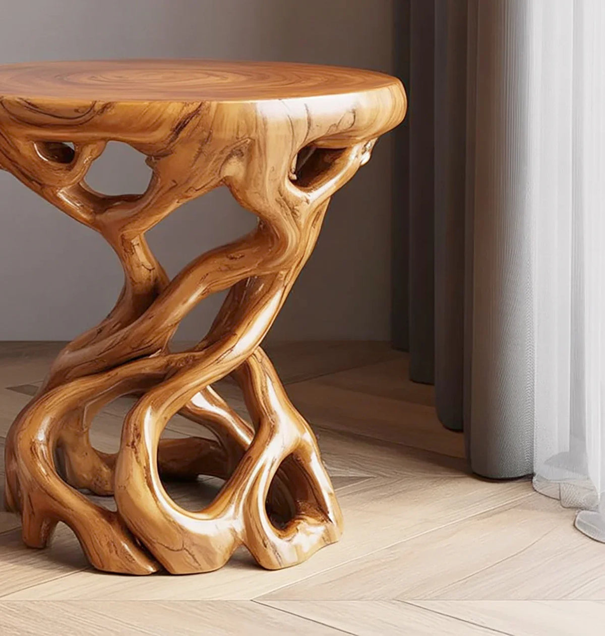 Polished natural wooden side table with intricate root-like base on light hardwood floor by sheer curtains