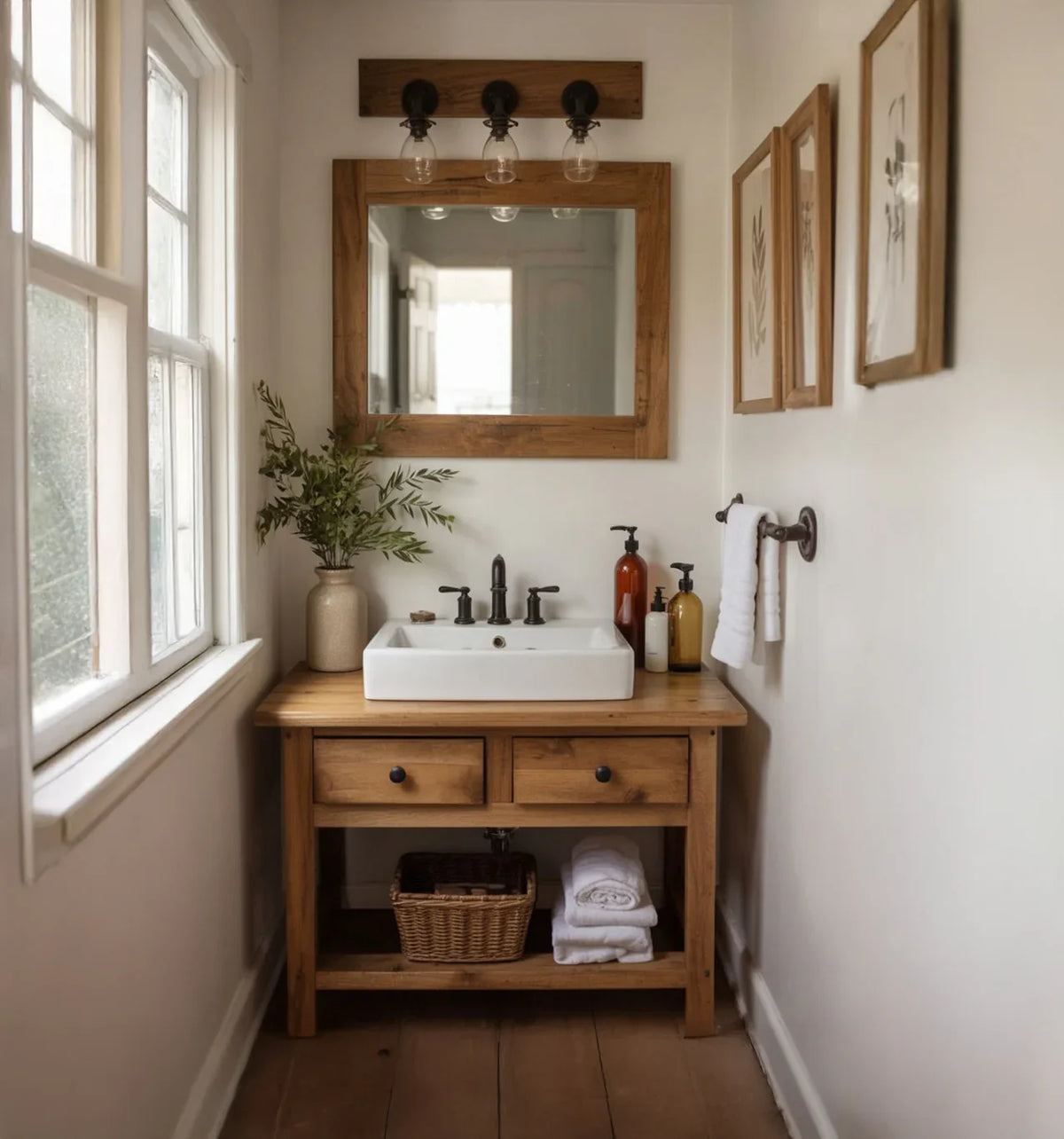 Solid wood bathroom vanity with vessel sink, wall mirror, and minimalist decor in natural light