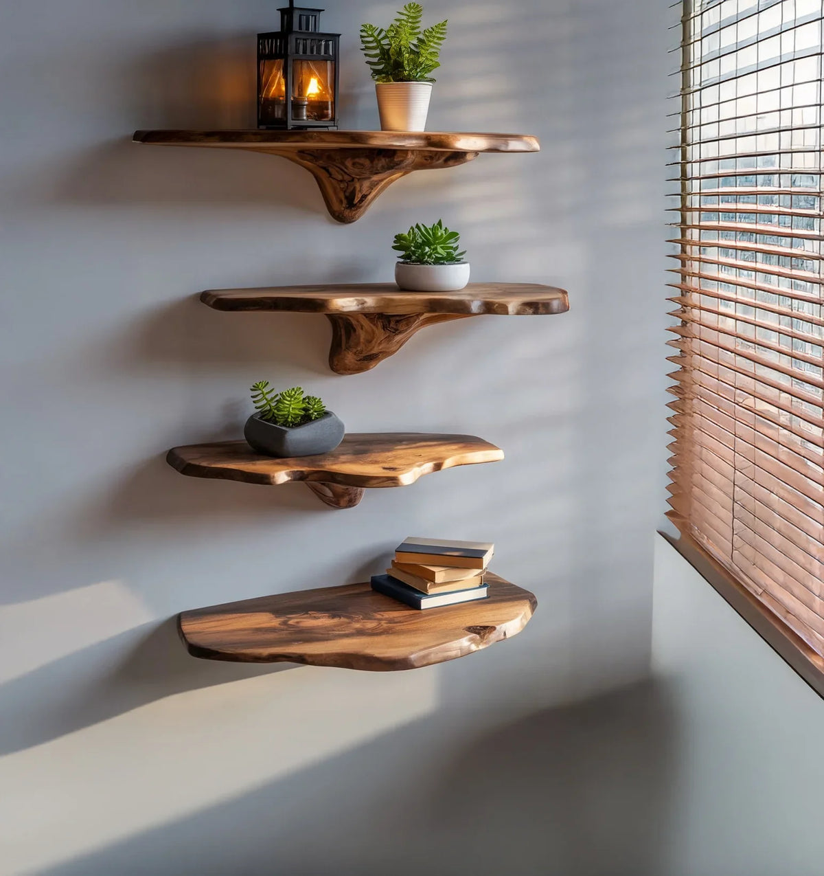 Live edge floating wood shelves with potted plants, lantern, and books, wall-mounted near window
