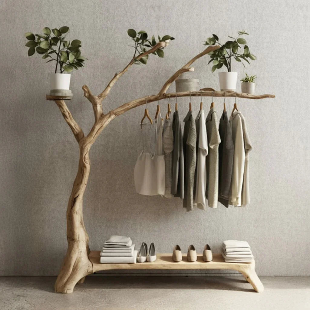 Live edge solid wood tree bookshelf with hanging clothes, shoes, and potted plants