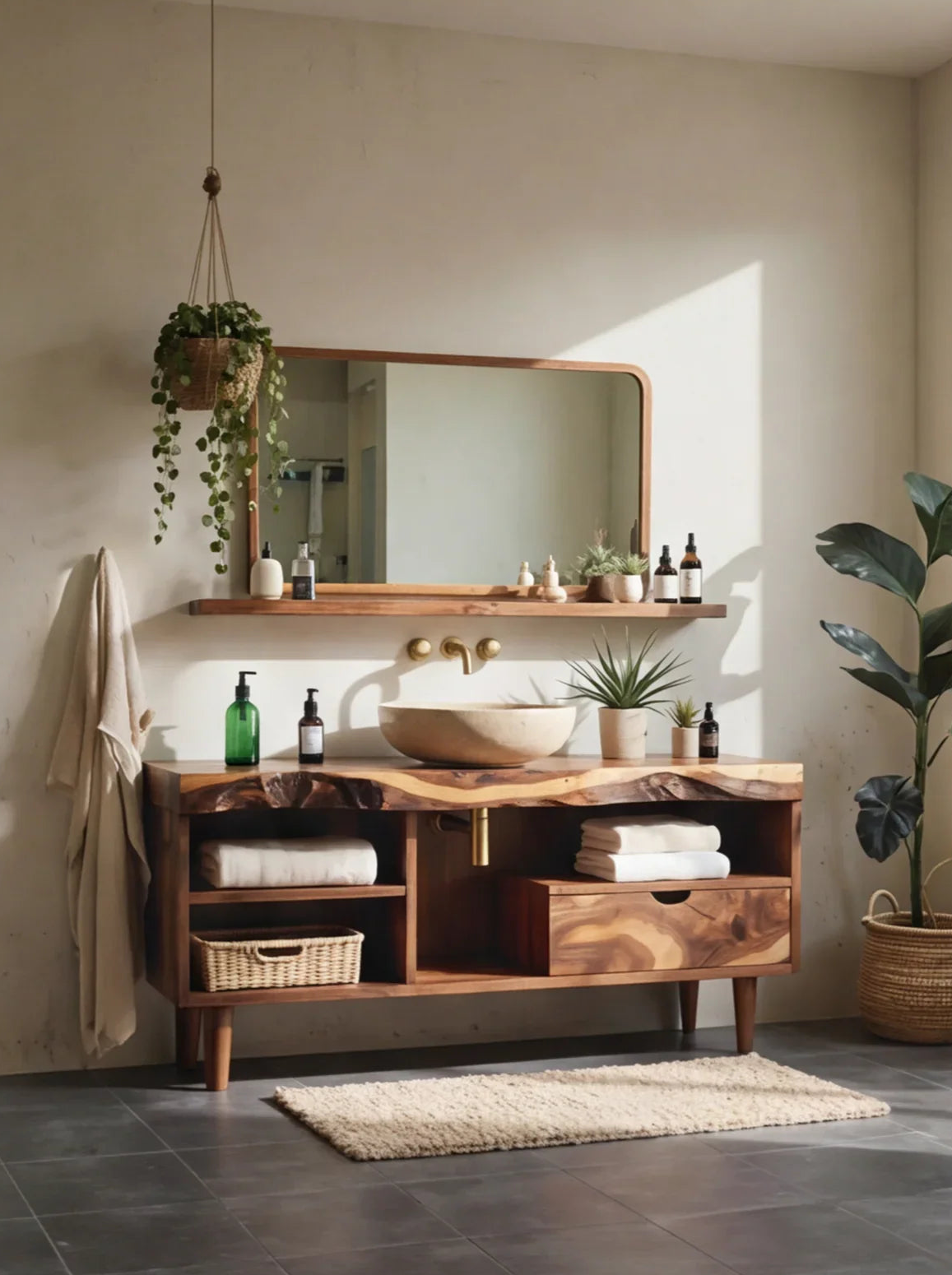 Solid wood live edge bathroom vanity with vessel sink, mirror, and natural decor