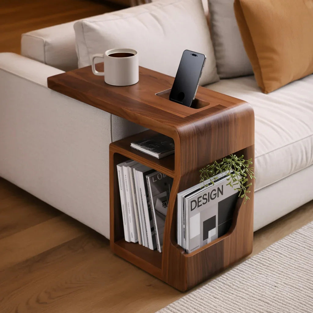 Solid wood reading nook side table with space saving design