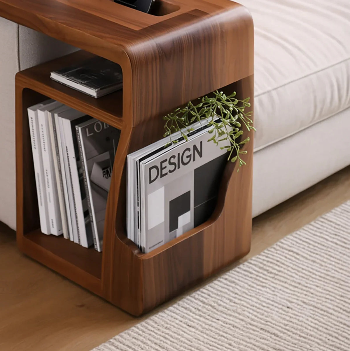Space saving wood side table for cozy reading nook setup