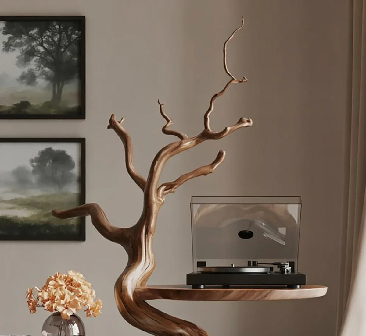 Live edge wood tree bookshelf with record player in modern living room decor
