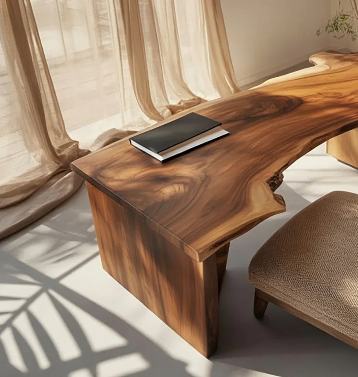 Live edge solid wood table in natural light with book and upholstered chair