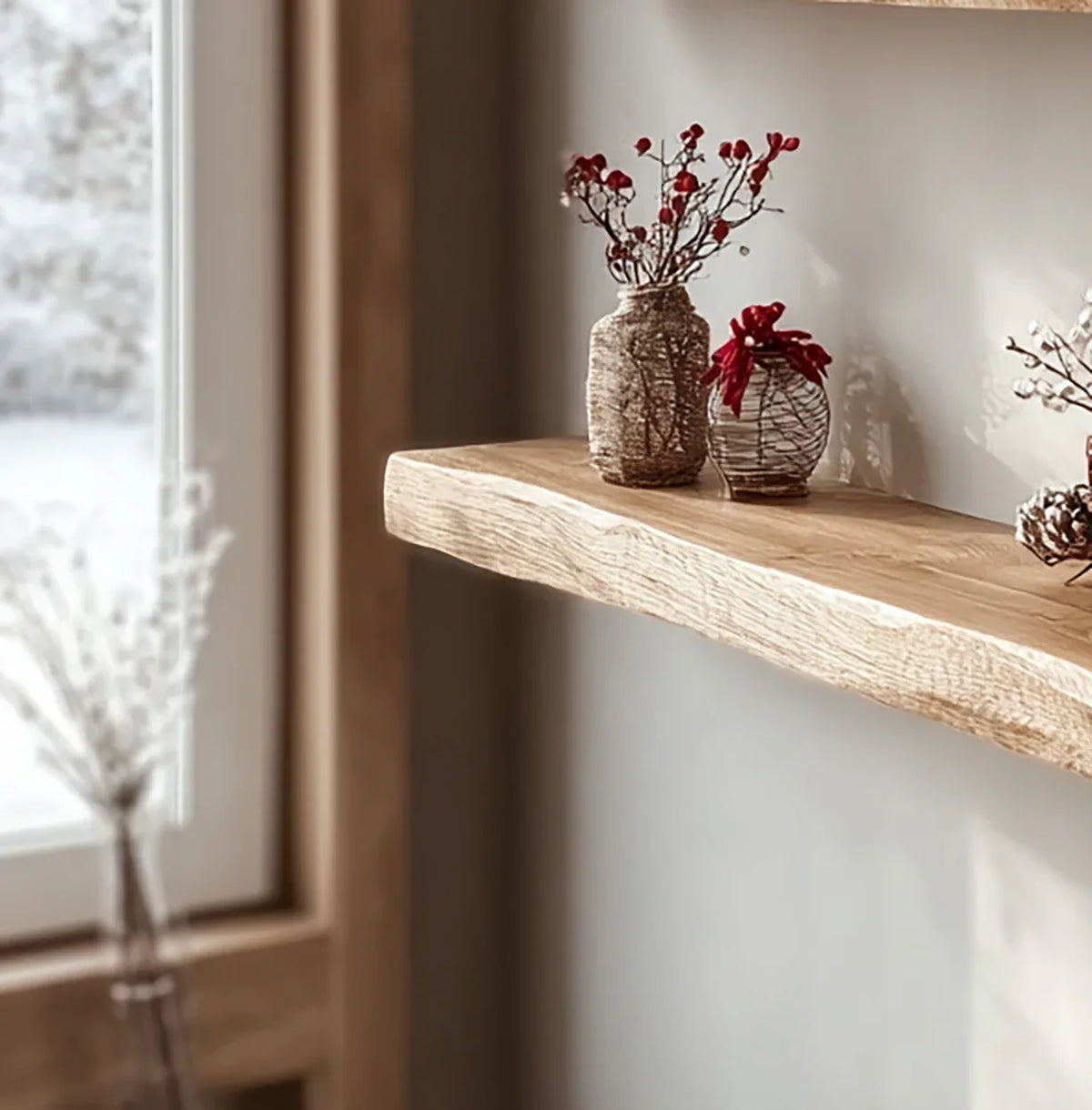Wooden floating shelf with decorative vases and red berries in a cozy home interior
