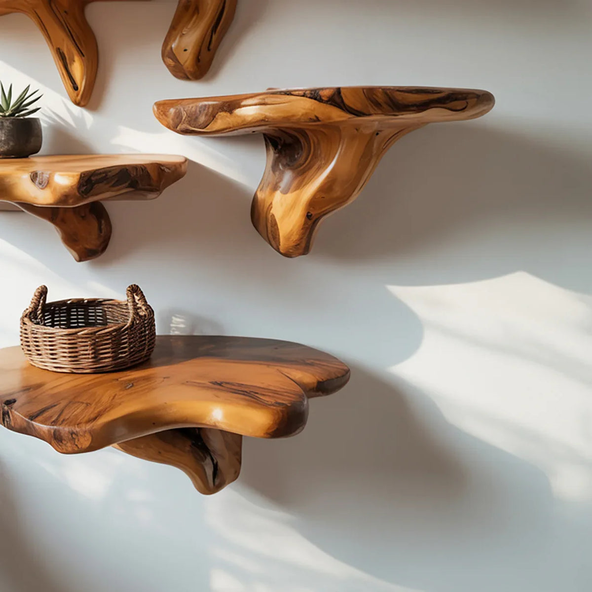 Set of natural wooden wall shelves with organic shapes and smooth finish, decorated with wicker basket and small plant