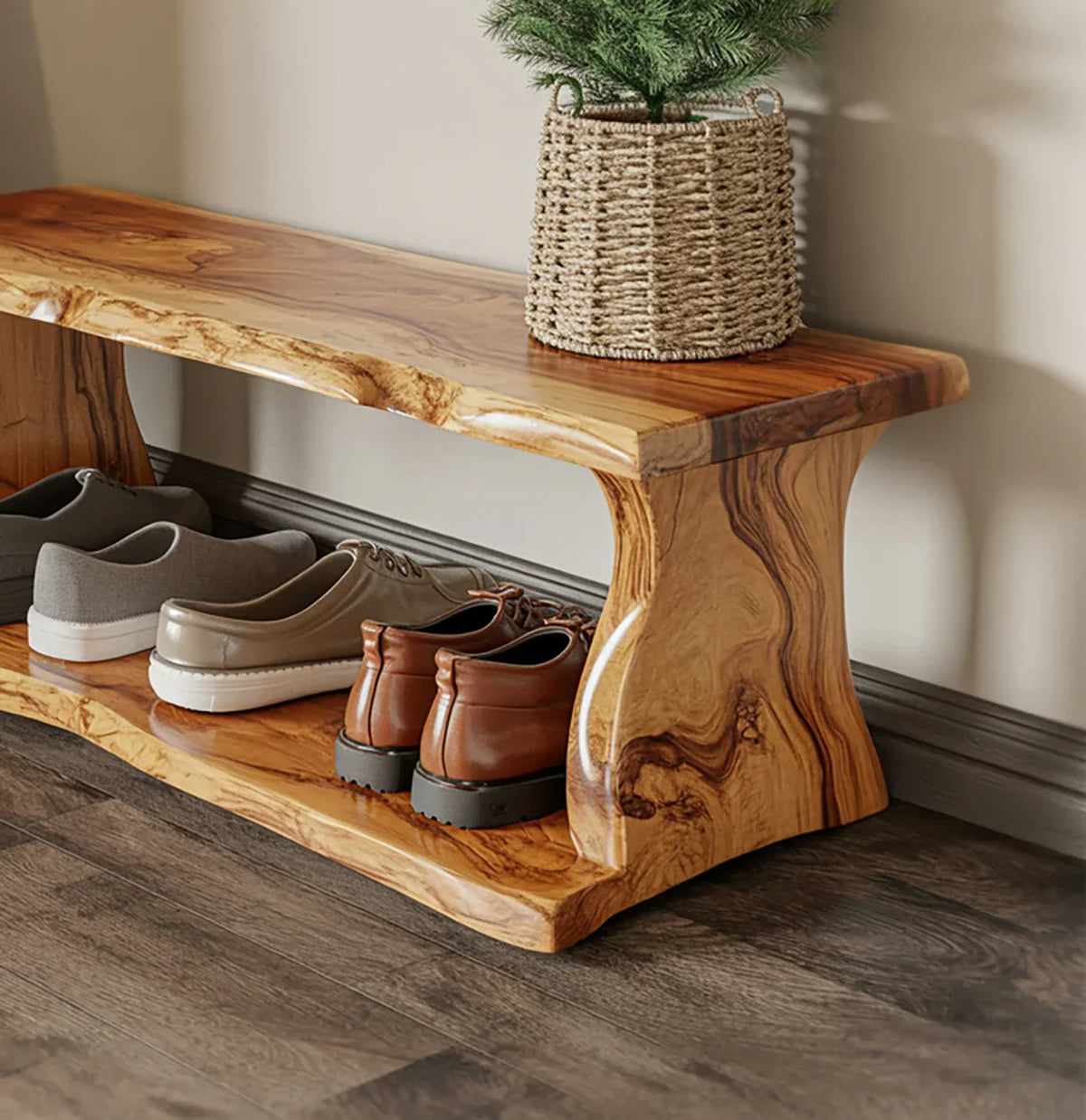 Natural wood shoe bench with storage shelf holding various shoes and a woven basket plant