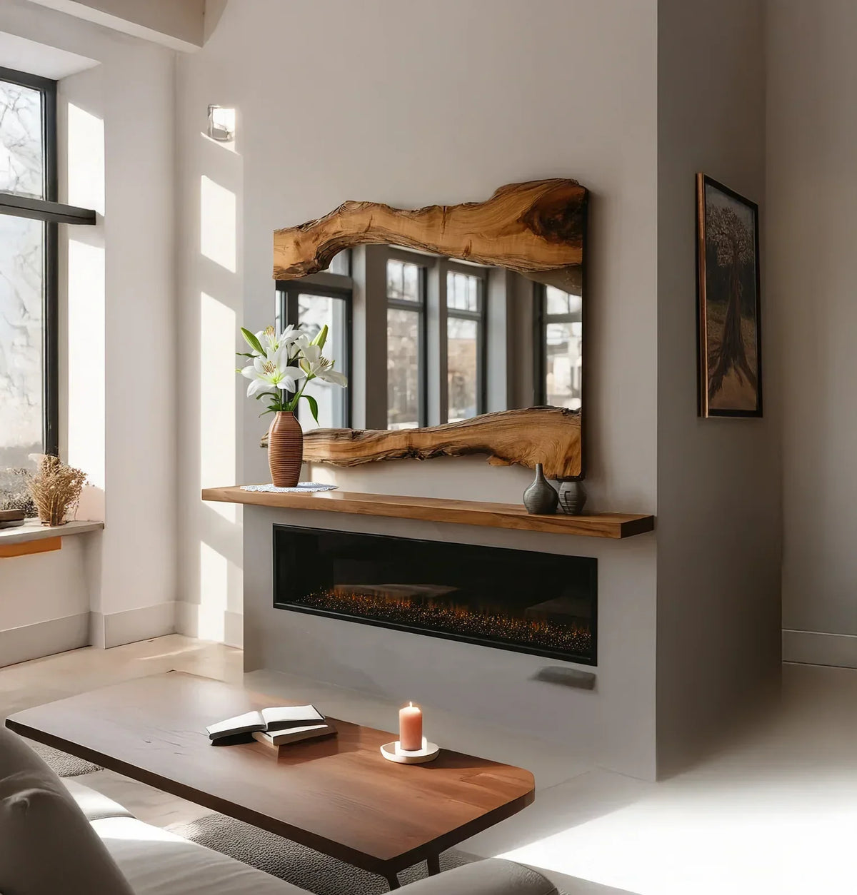 Modern living room with live edge wood mirror, floating shelf, and wood coffee table