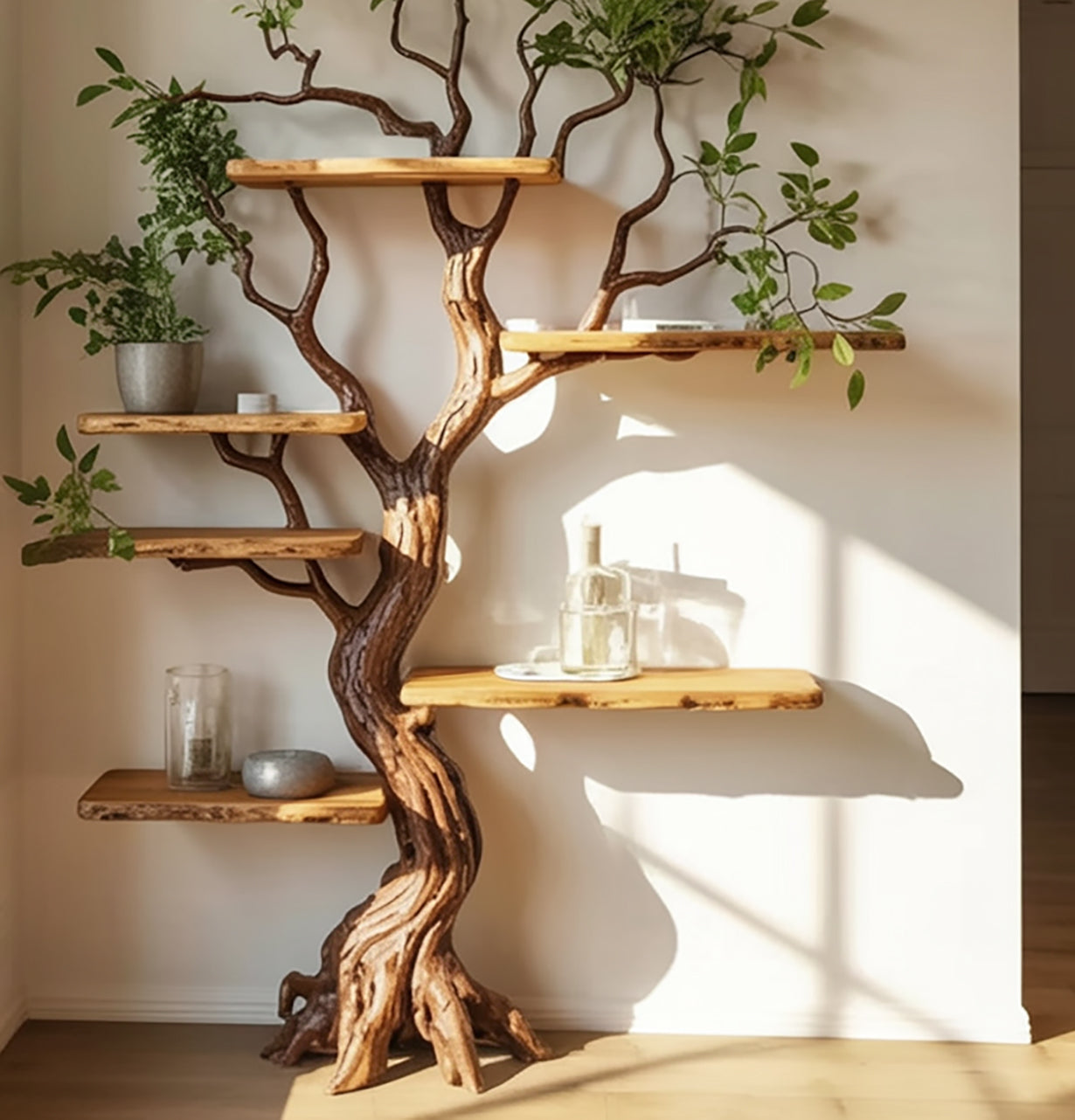 wooden tree-shaped wall shelf with live edge boards, green plants, glass bottles, and decor in sunlit room