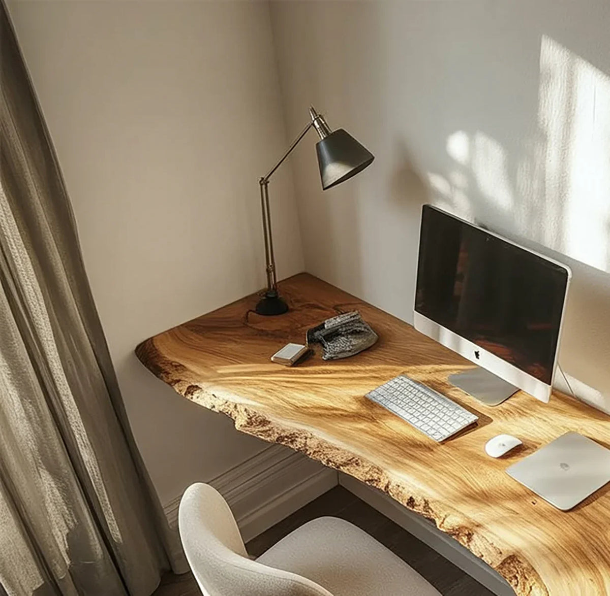 Live edge solid wood desk with computer, lamp, and chair in a modern home office