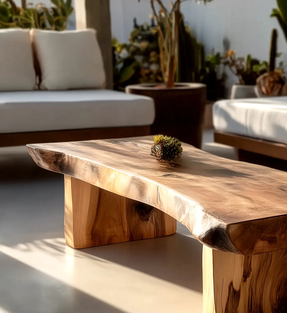 Live edge solid wood coffee table in modern lounge with natural sunlight