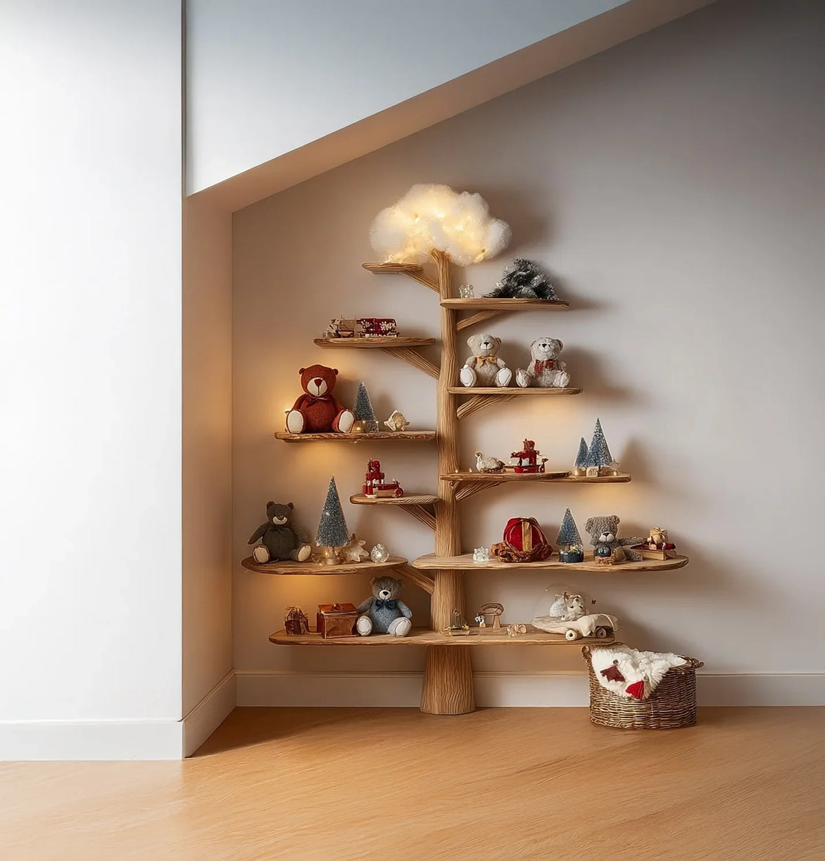 Tree-shaped wooden bookshelf in corner with stuffed animals and decorative toys, warm lighting