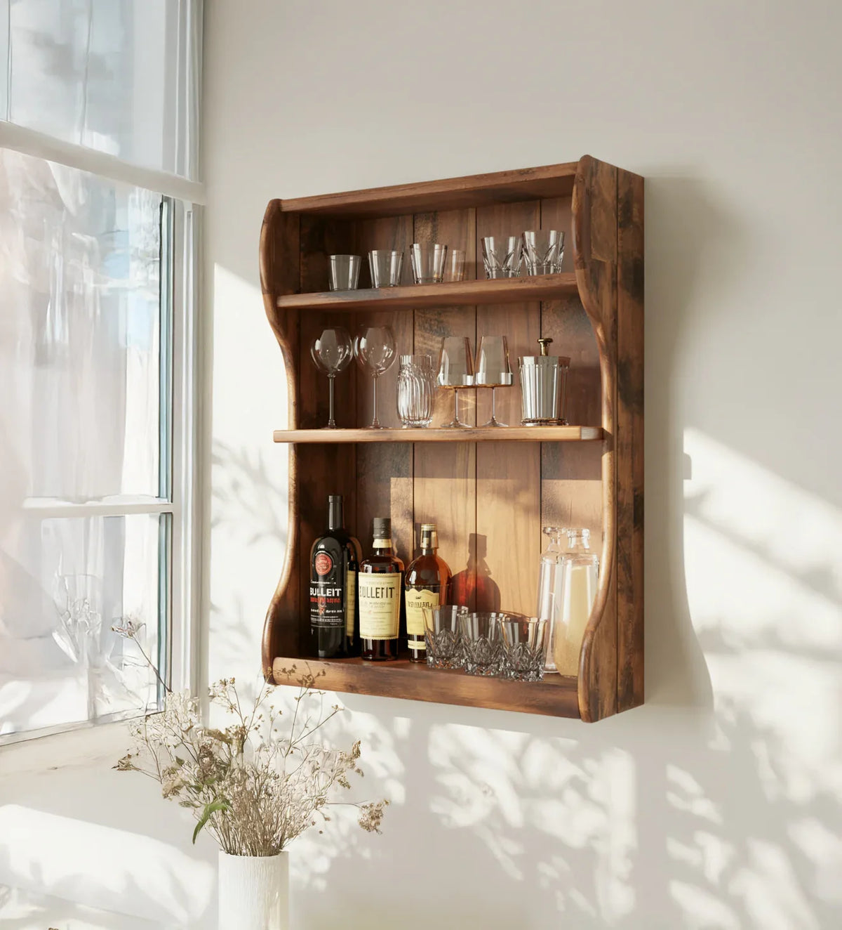 Solid wood wall-mounted shelf bar with glassware and spirits in sunlit room