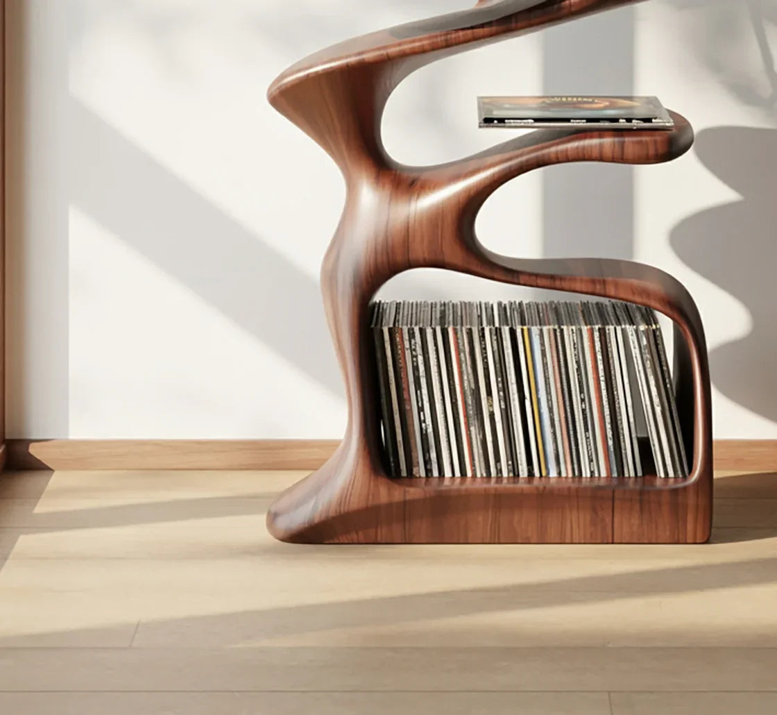 Sculptural solid wood bookshelf with vinyl record storage in modern interior
