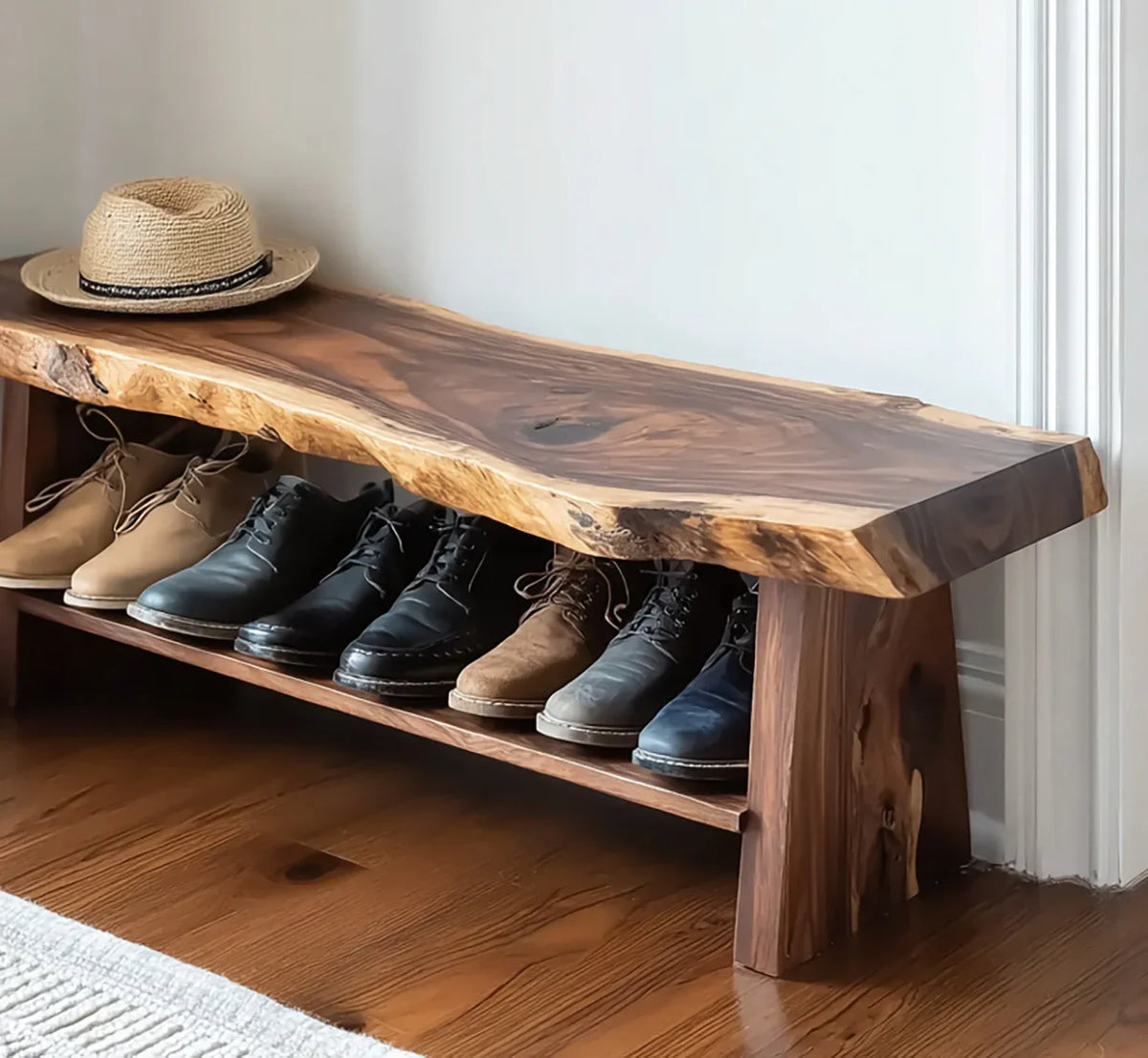 Solid wood live edge bench with shelf for shoes, entryway furniture, hat on top