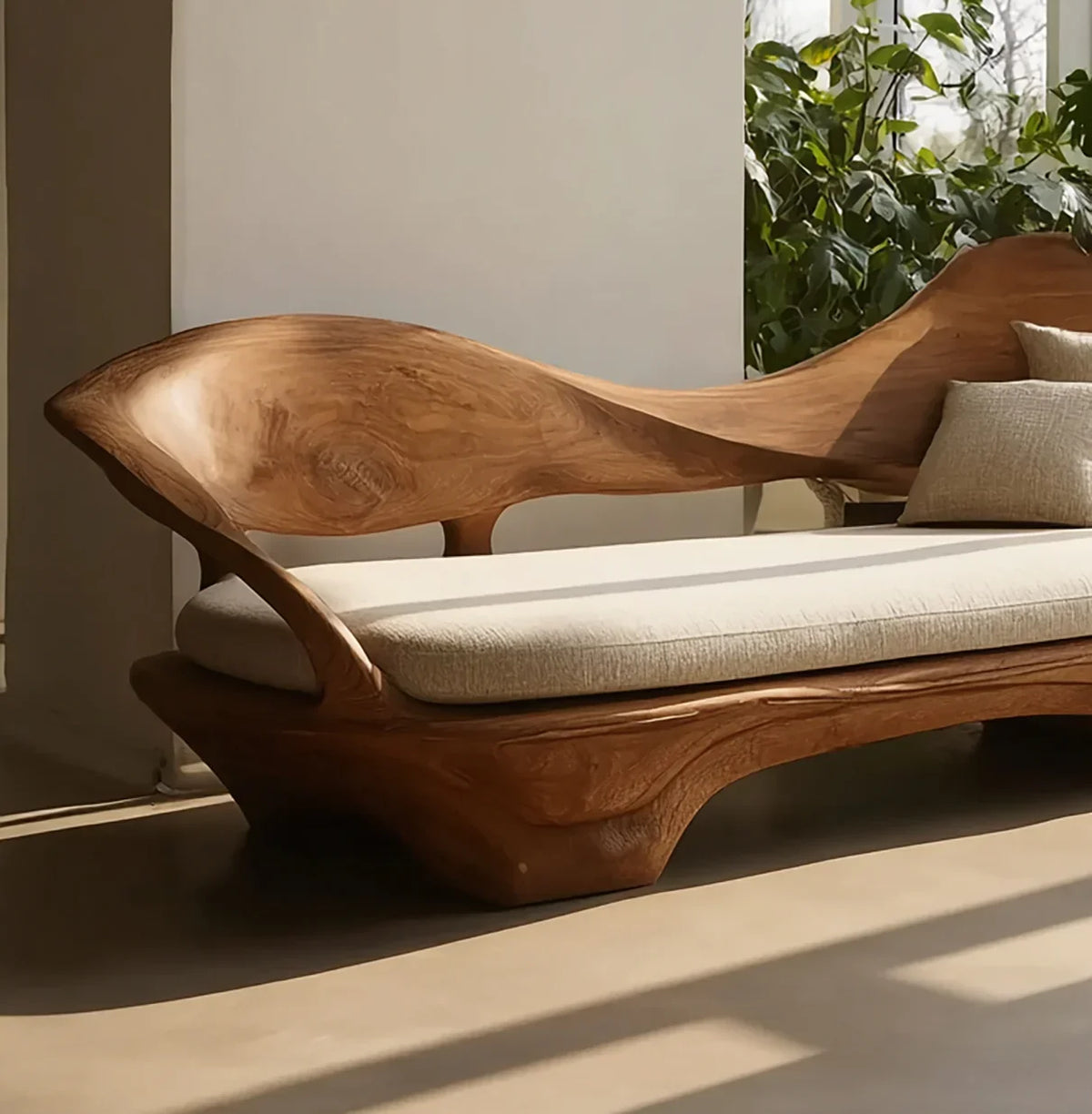 Sculpted live edge solid wood sofa with beige cushion, modern sustainable furniture