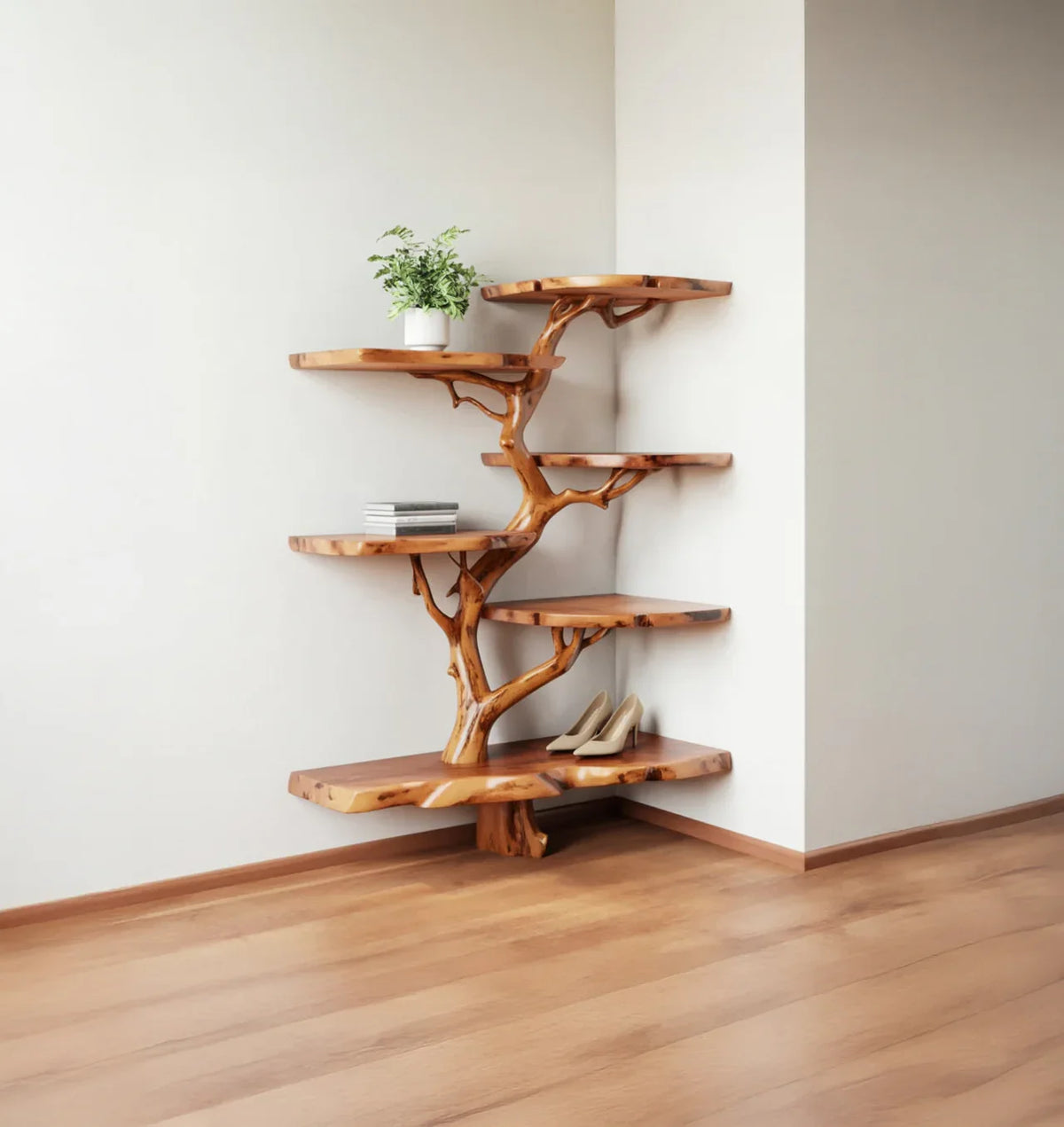 Solid wood tree bookshelf with live edge shelves in a modern corner room