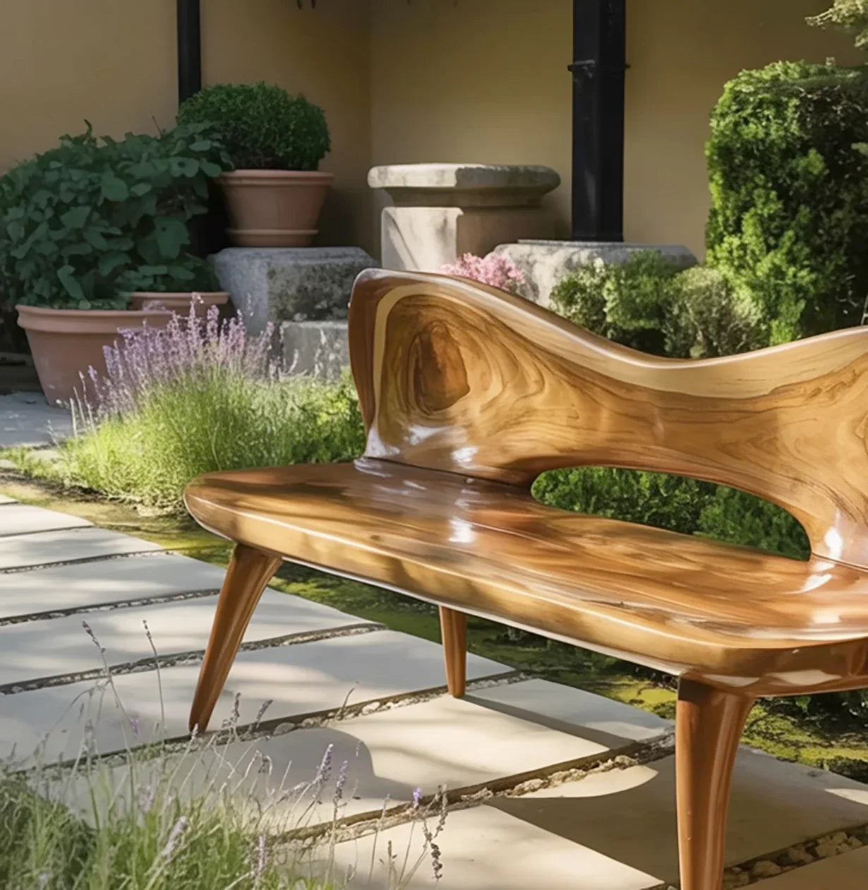 Sustainably crafted solid wood bench with live edge design in a garden setting