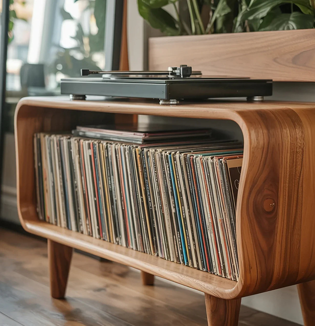 Solid wood record player stand with vinyl storage, live edge design, modern decor