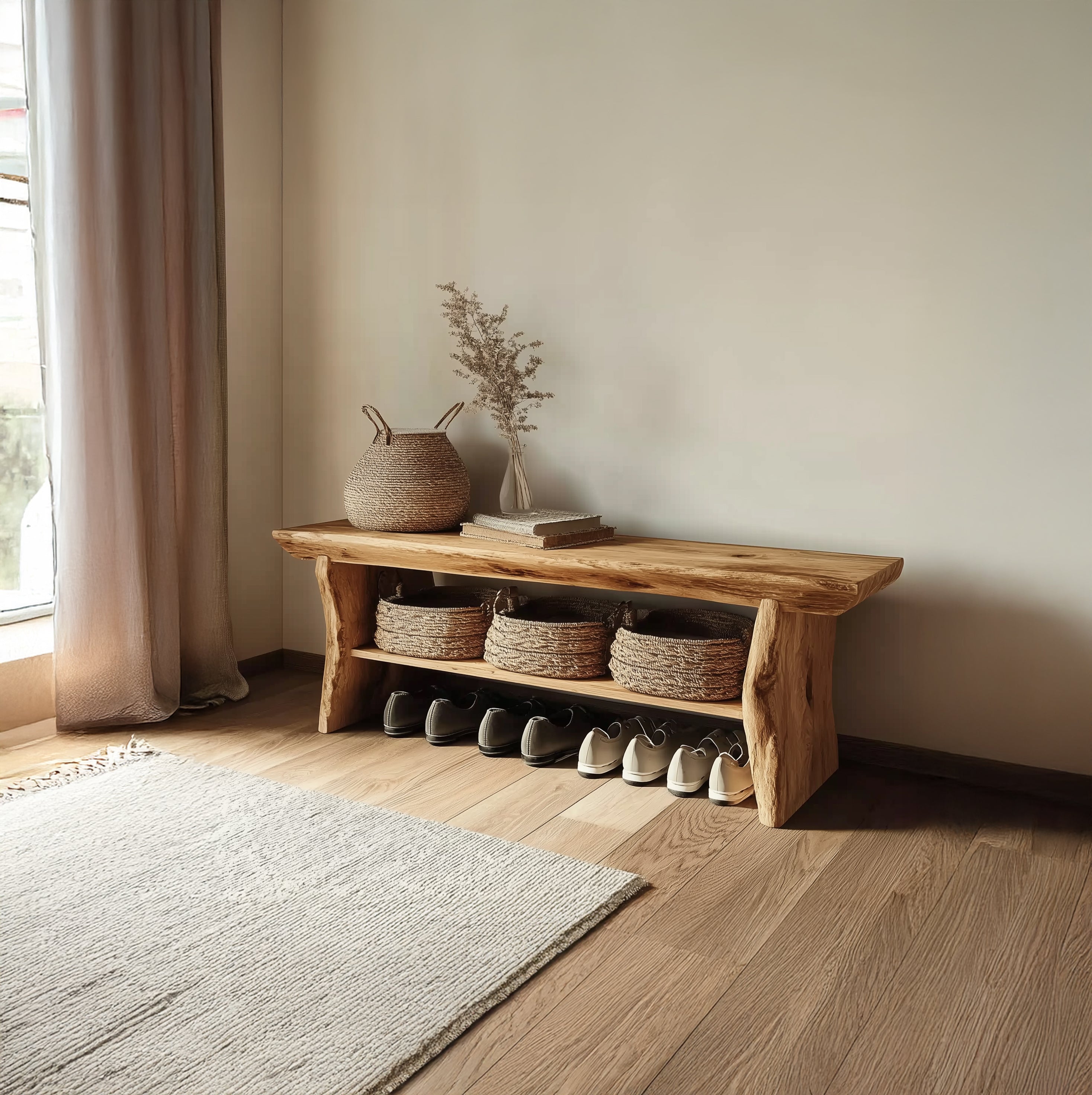 Rustic wooden shoe bench with woven baskets, shoes underneath, and minimal decor in cozy room