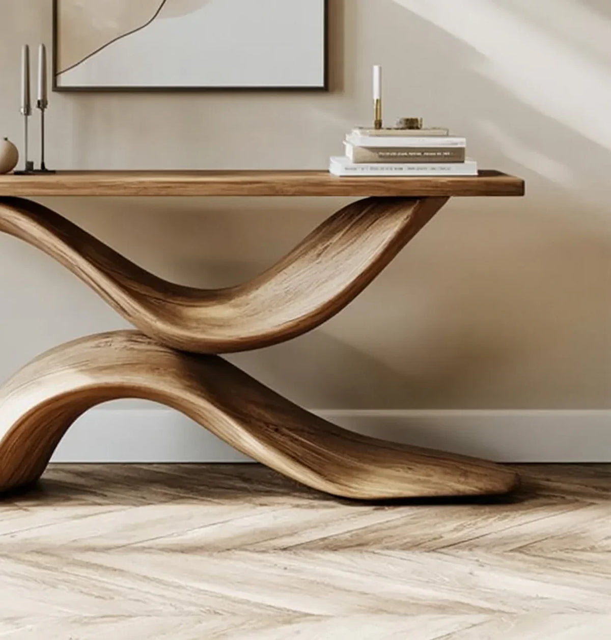 Solid wood wave-shaped console table in modern living room with books and candles