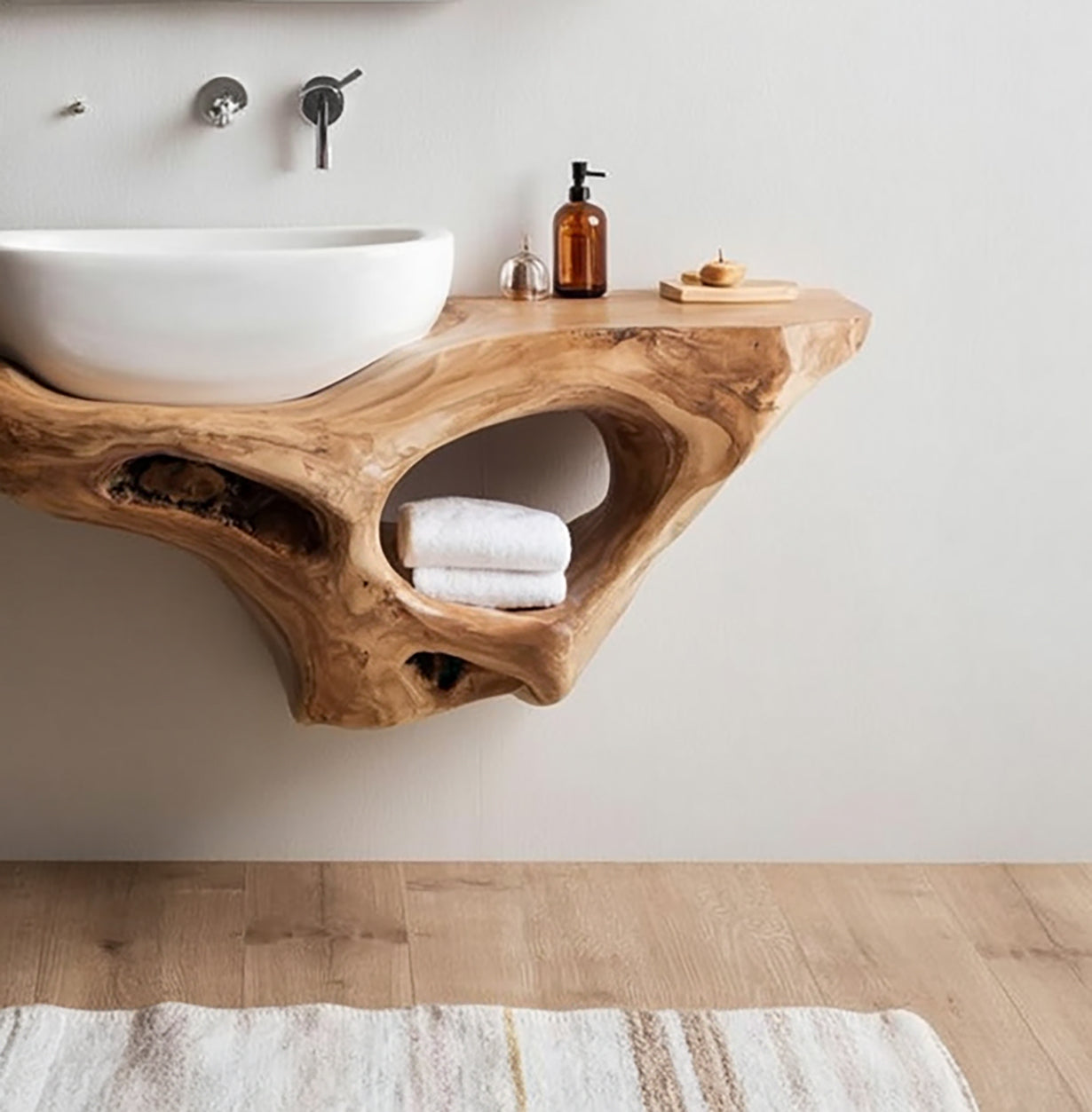 Handcrafted Live Edge Solid Wood Floating Bathroom Vanity with Organic Carved Storage Shelf