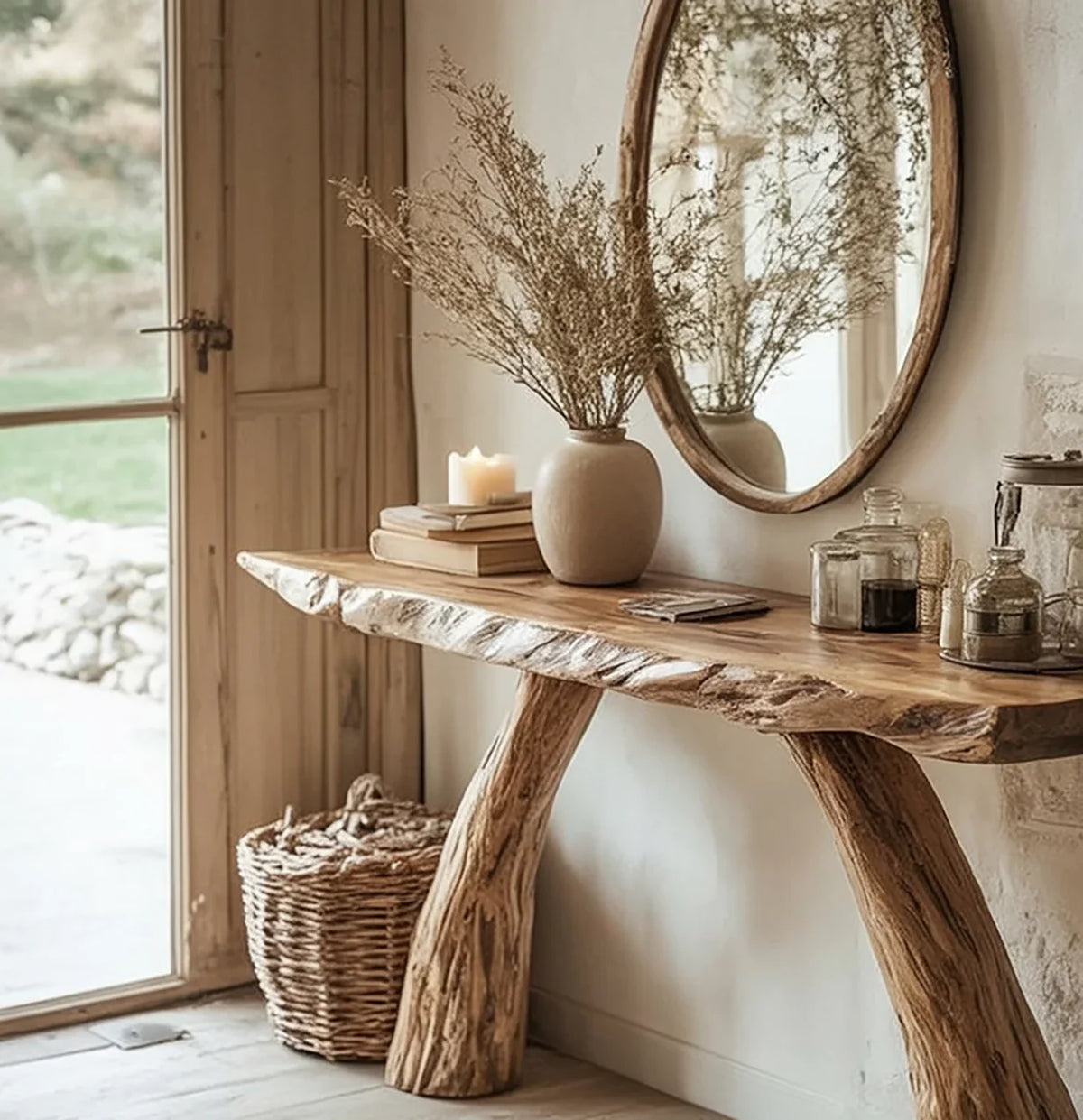 Live edge solid wood console table with rustic decor, mirror, and natural light setting