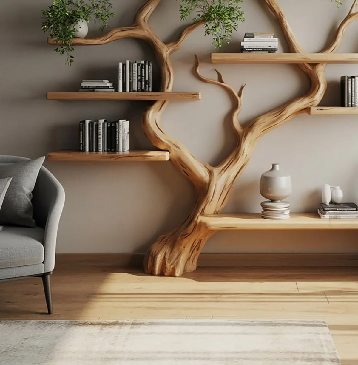 Live edge tree bookshelf with floating wood shelves, books, decor, and indoor plants