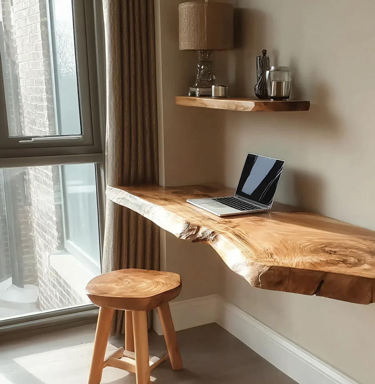 Live edge floating wood desk and stool with laptop, wall shelf, lamp, and window view