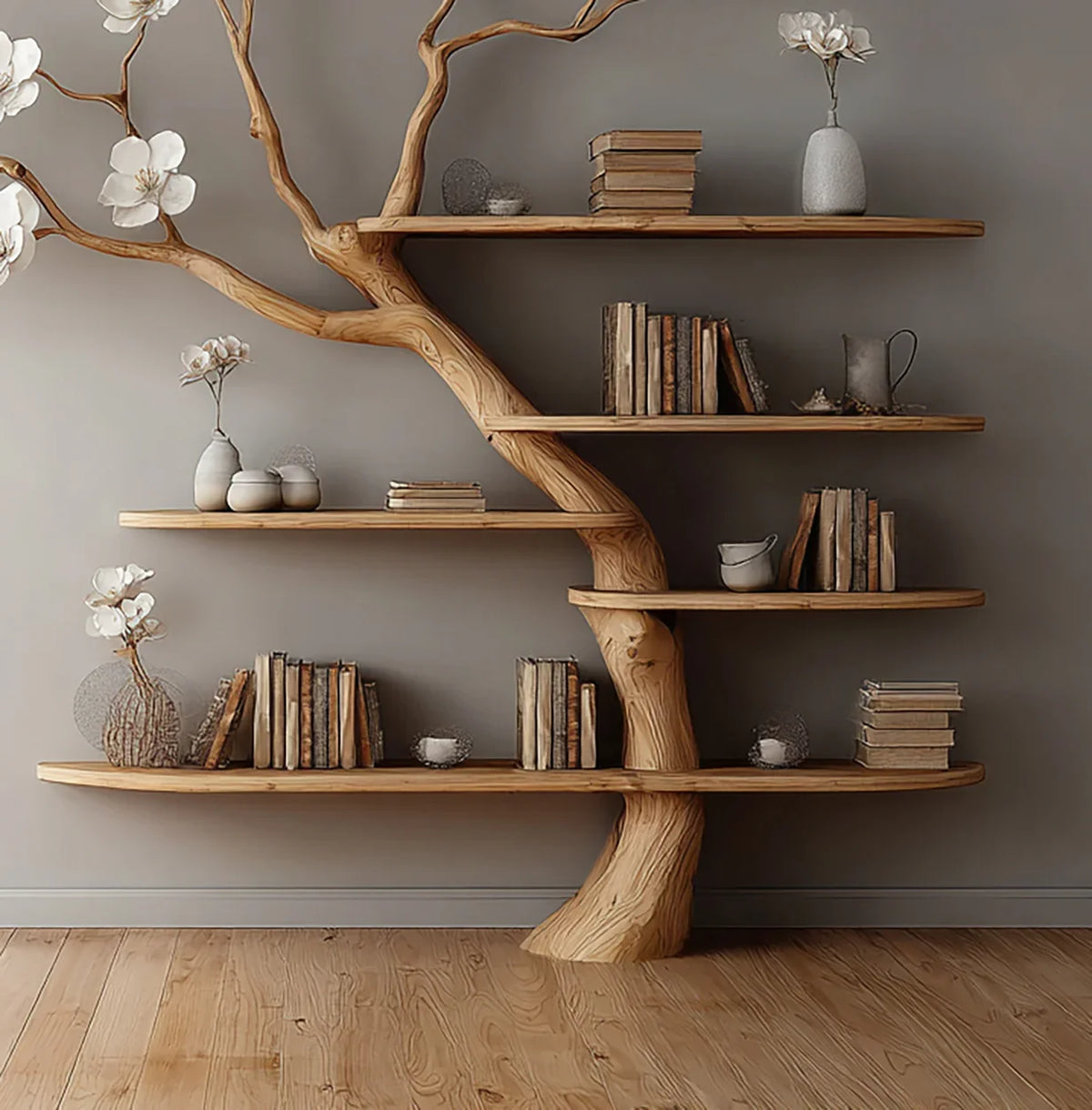 Tree-shaped wooden bookshelf with books and decorative vases against a gray wall