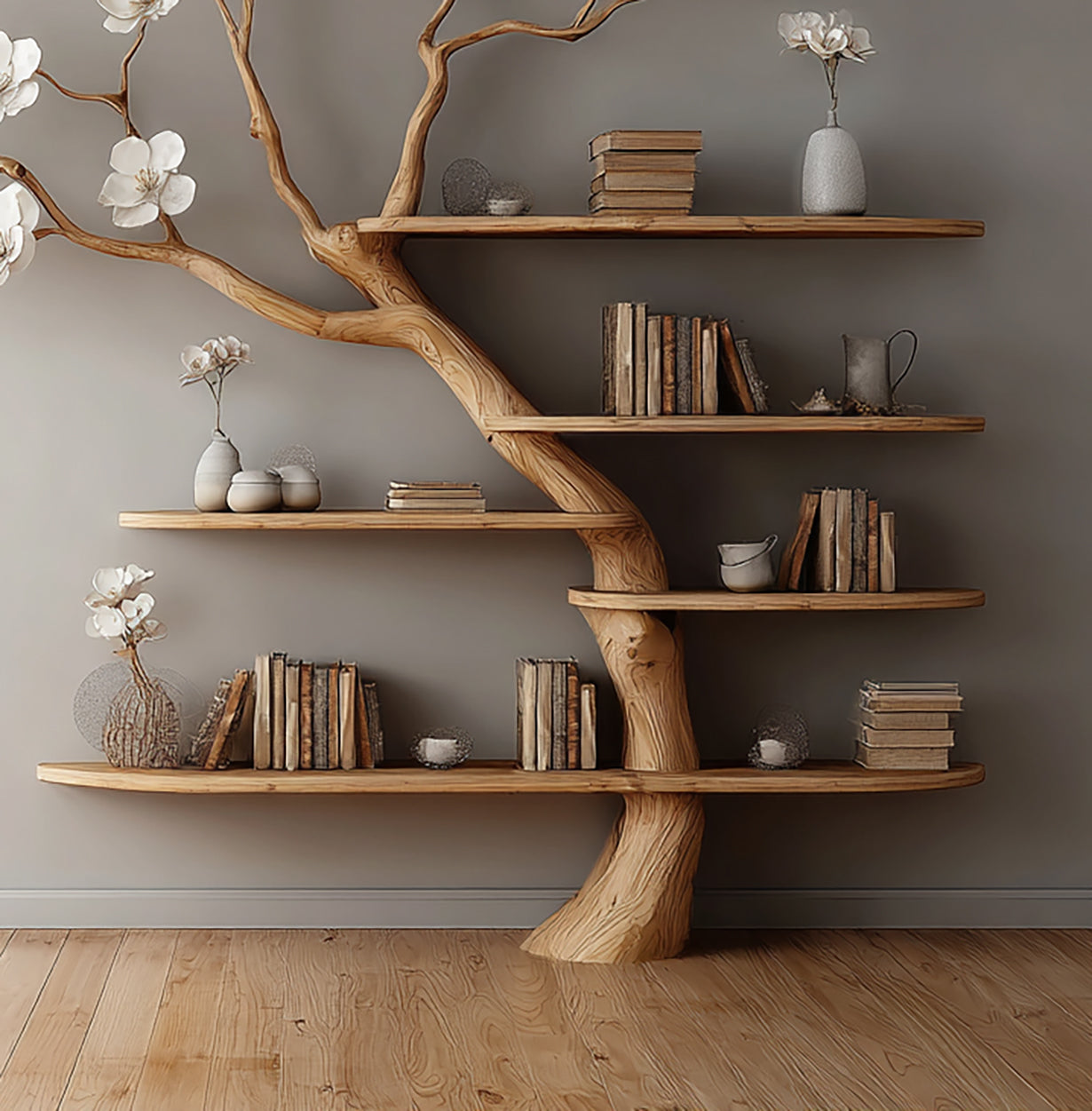 Blooming Tree Bookshelf – Handcrafted Wooden Flower Shelf for Elegant Home Decor