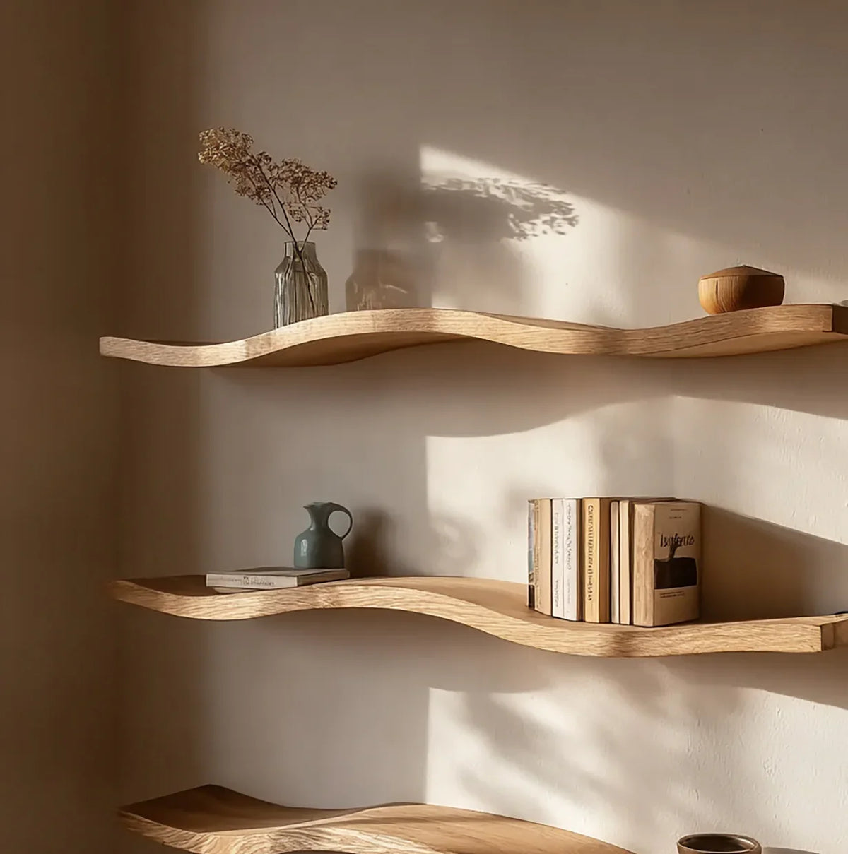 Wave-style solid wood floating shelves with books, vases, and natural decor in sunlight
