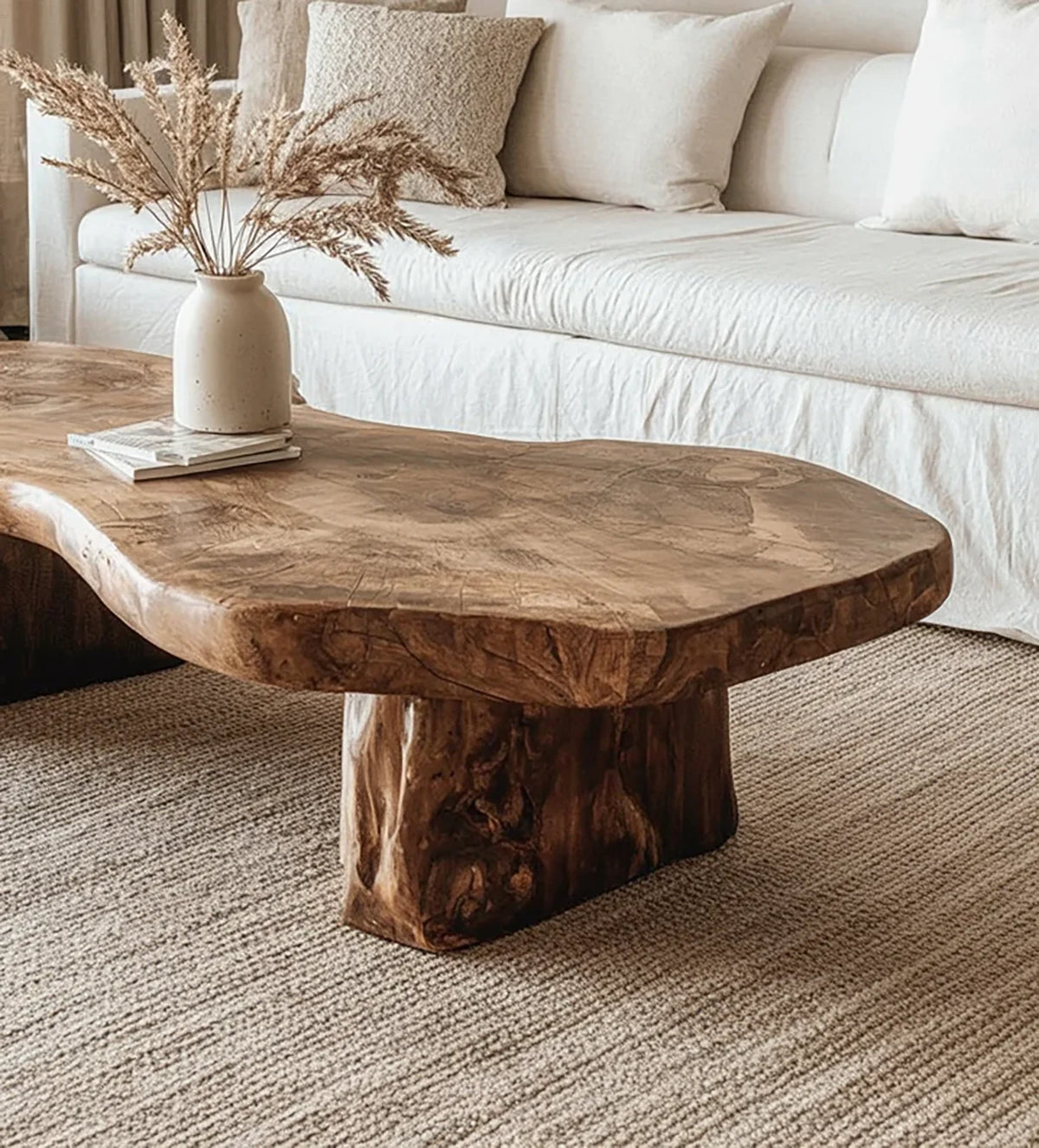 Live edge solid wood coffee table in cozy living room with neutral decor and sofa