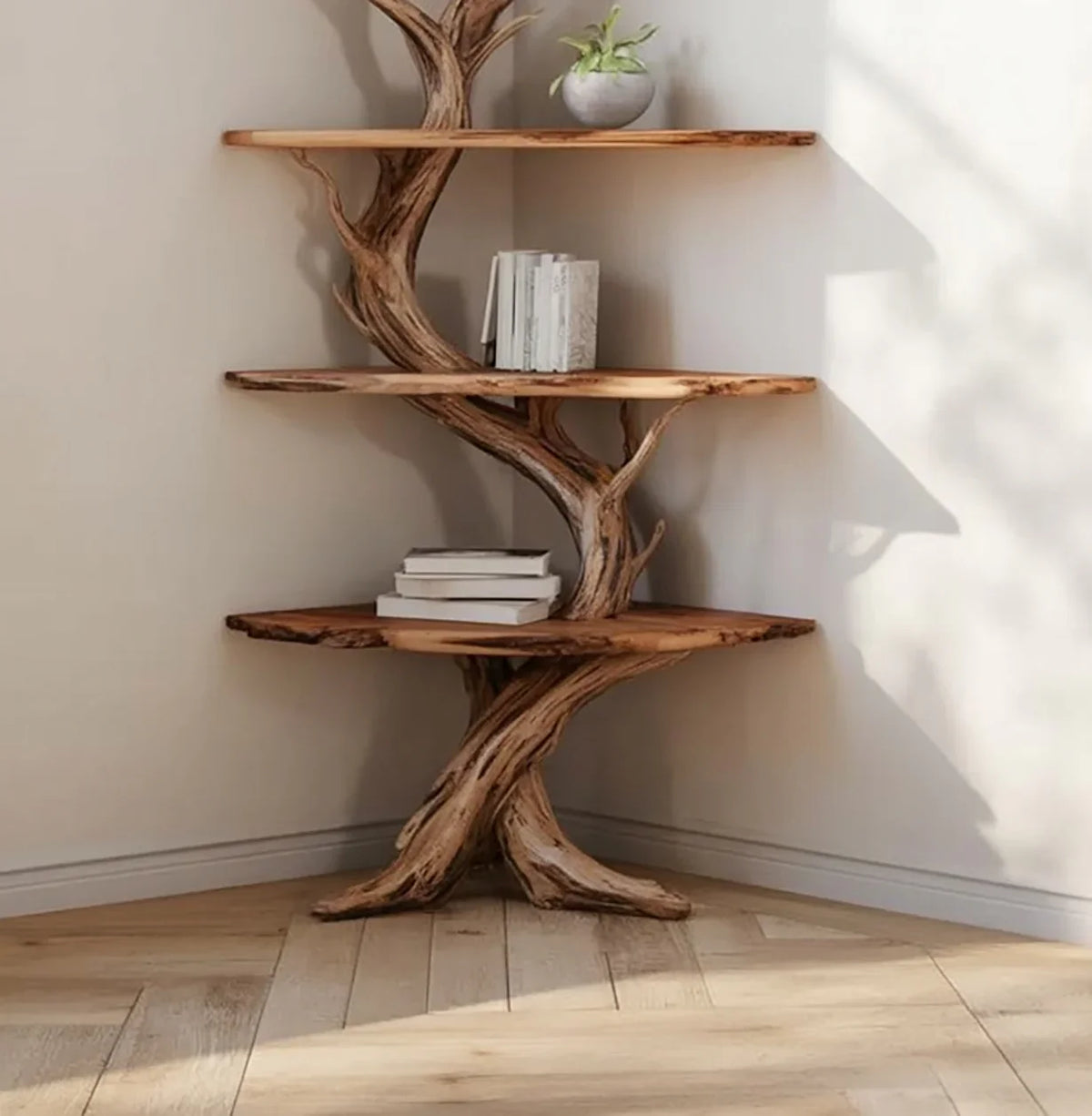 Live edge solid wood tree bookshelf with books and a plant in a modern corner setting