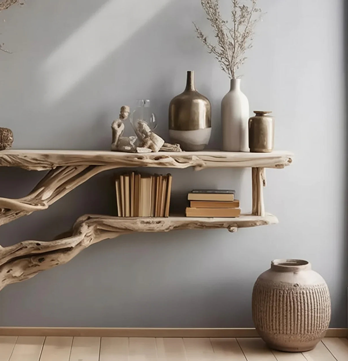 Live edge wood floating shelf with books, decorative vases and sculptures, modern decor