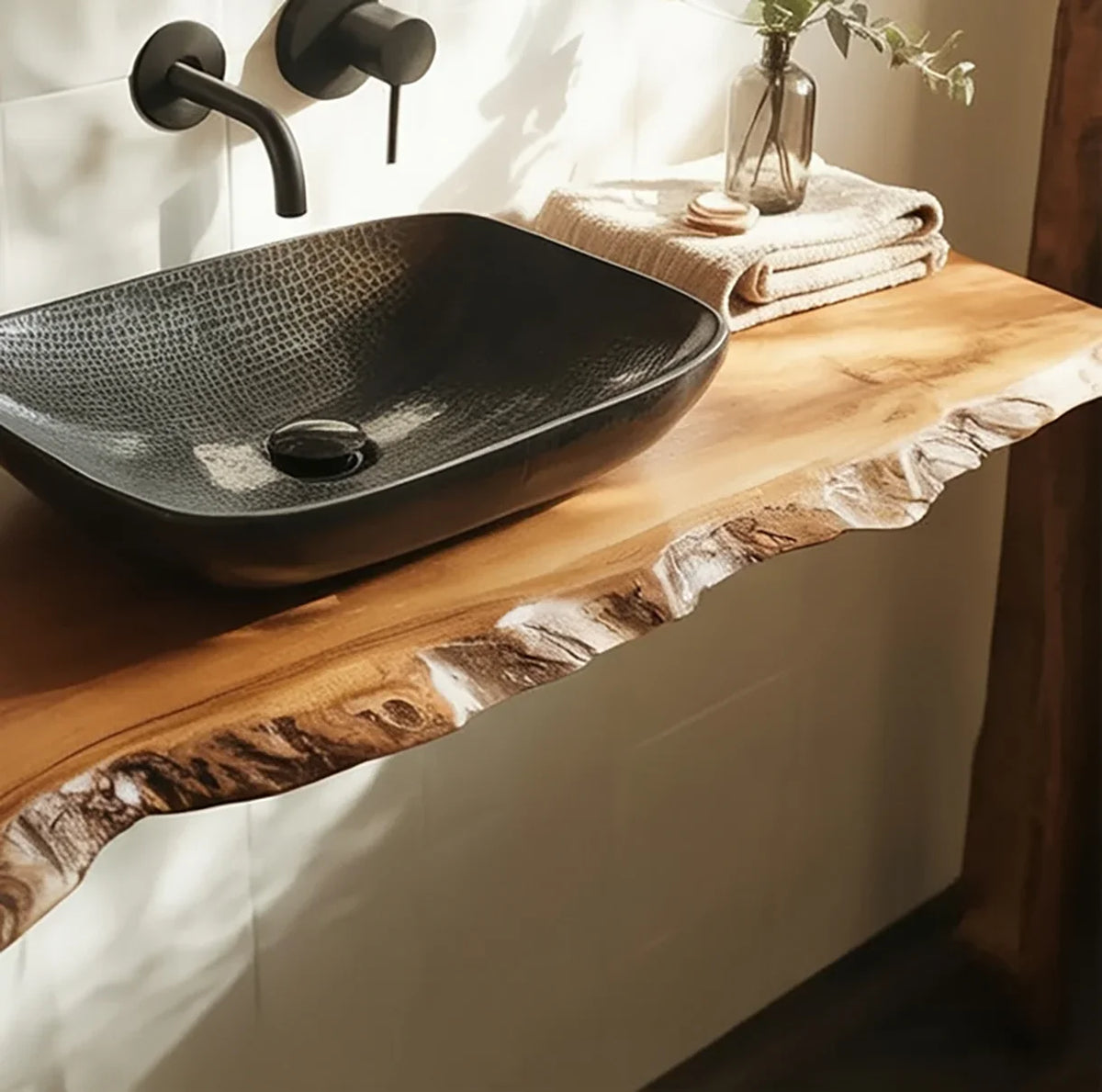 Live edge solid wood bathroom vanity with black vessel sink and wall-mounted faucet