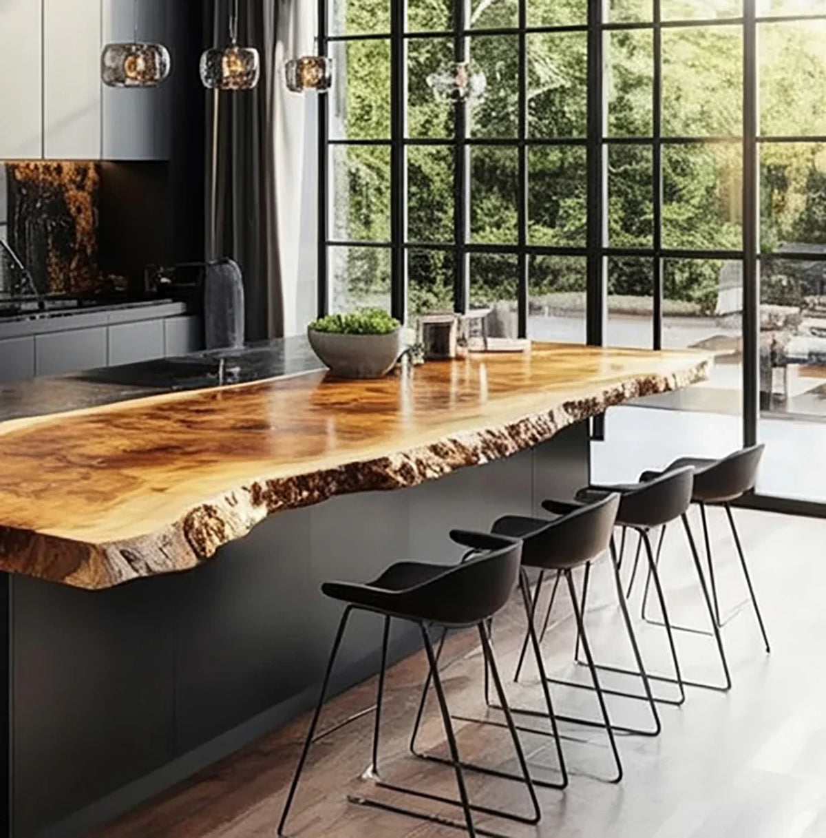 Live edge solid wood kitchen island with modern black bar stools in sunlit room