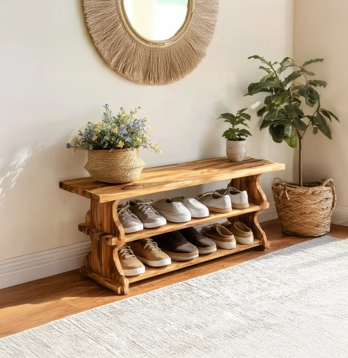 Solid wood shoe bench with live edge, two shelves, potted plant, and decorative mirror