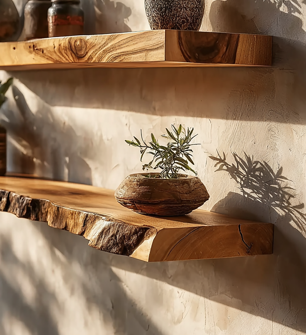 Live edge wooden floating shelves with a small rustic planter casting shadows on textured beige wall