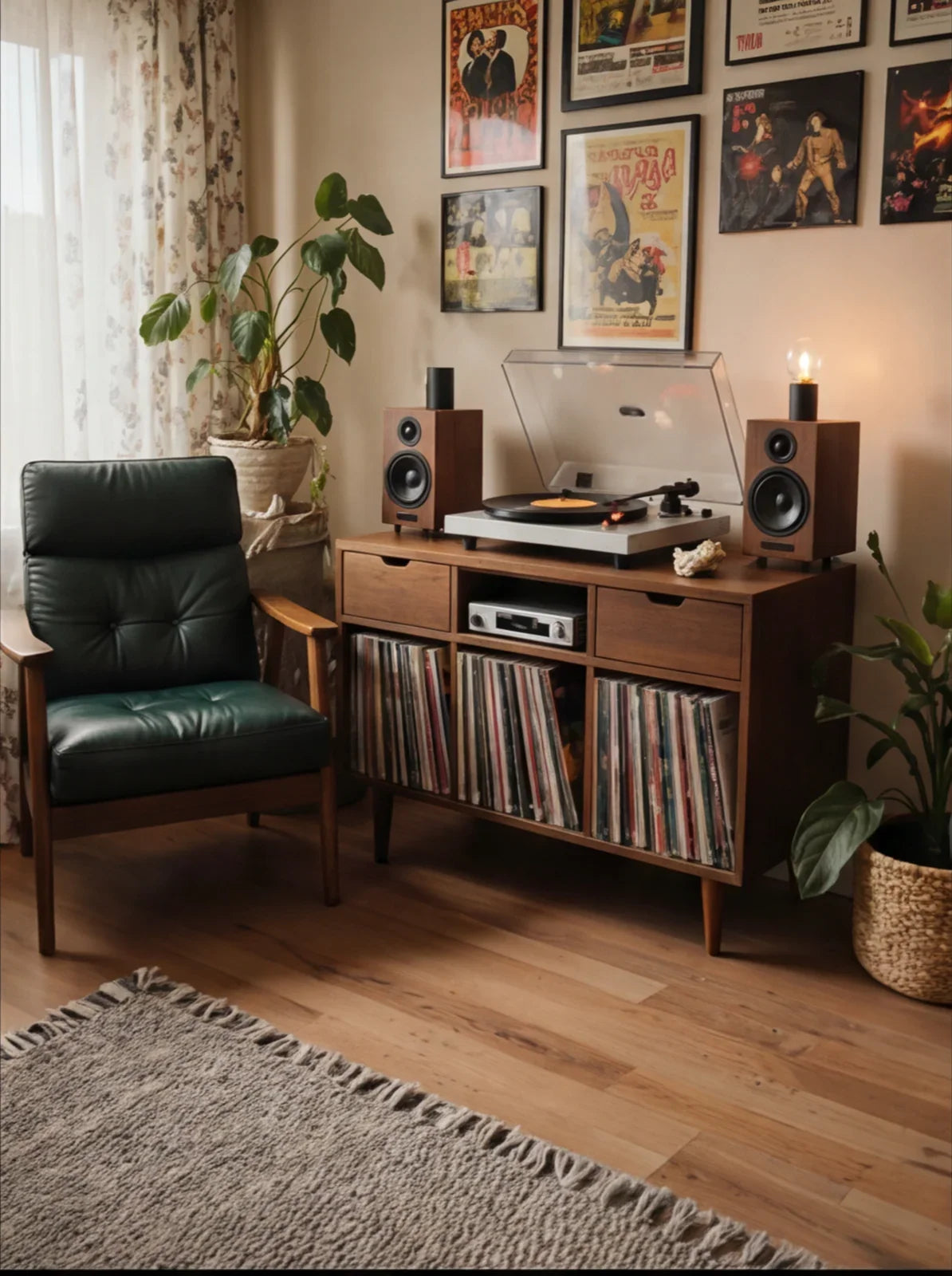 Mid-century modern wood record console with turntable, vinyl storage, and speakers in cozy living room