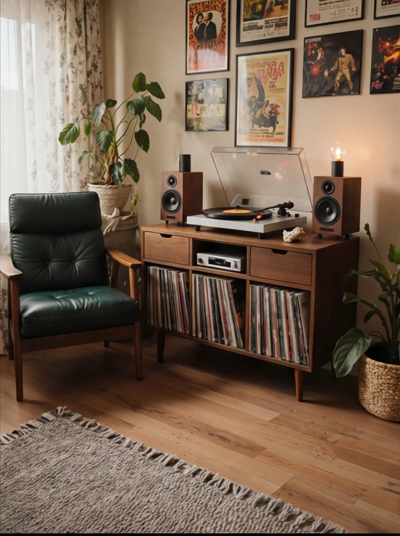 Mid-century modern wood record console with turntable, vinyl storage, and speakers in cozy living room