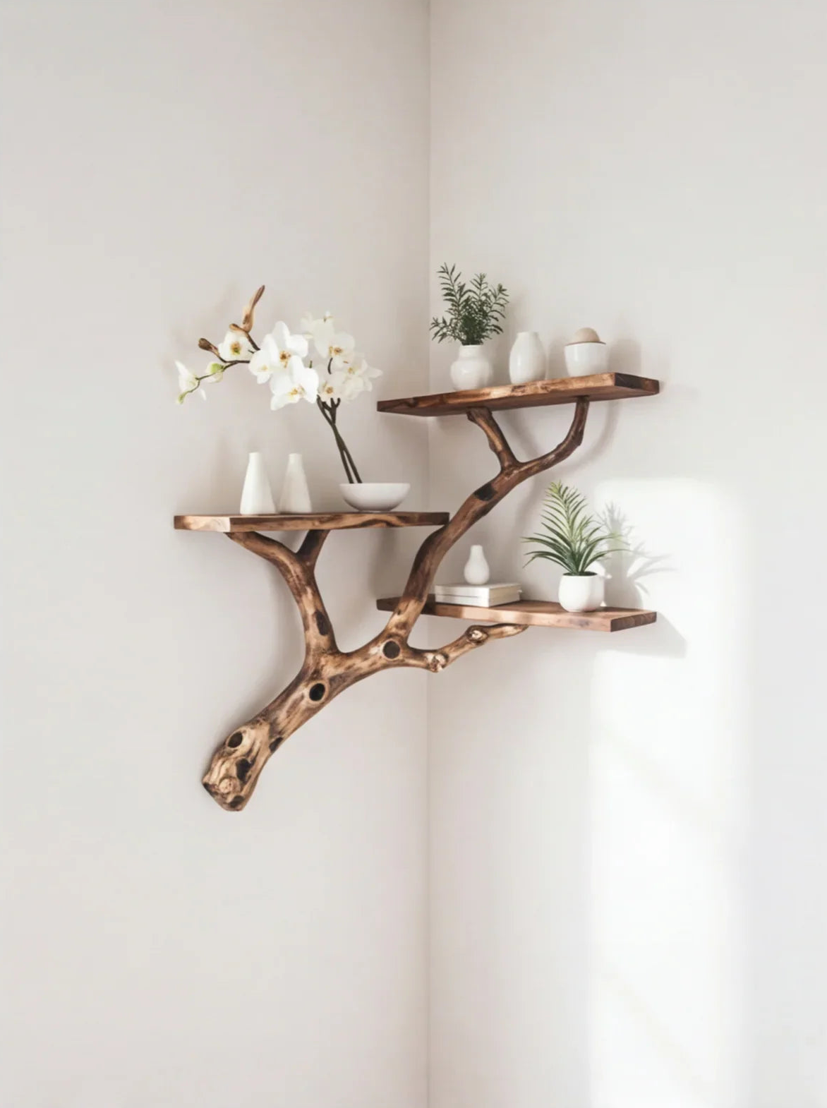 Live edge tree branch bookshelf with solid wood shelves and decorative plants