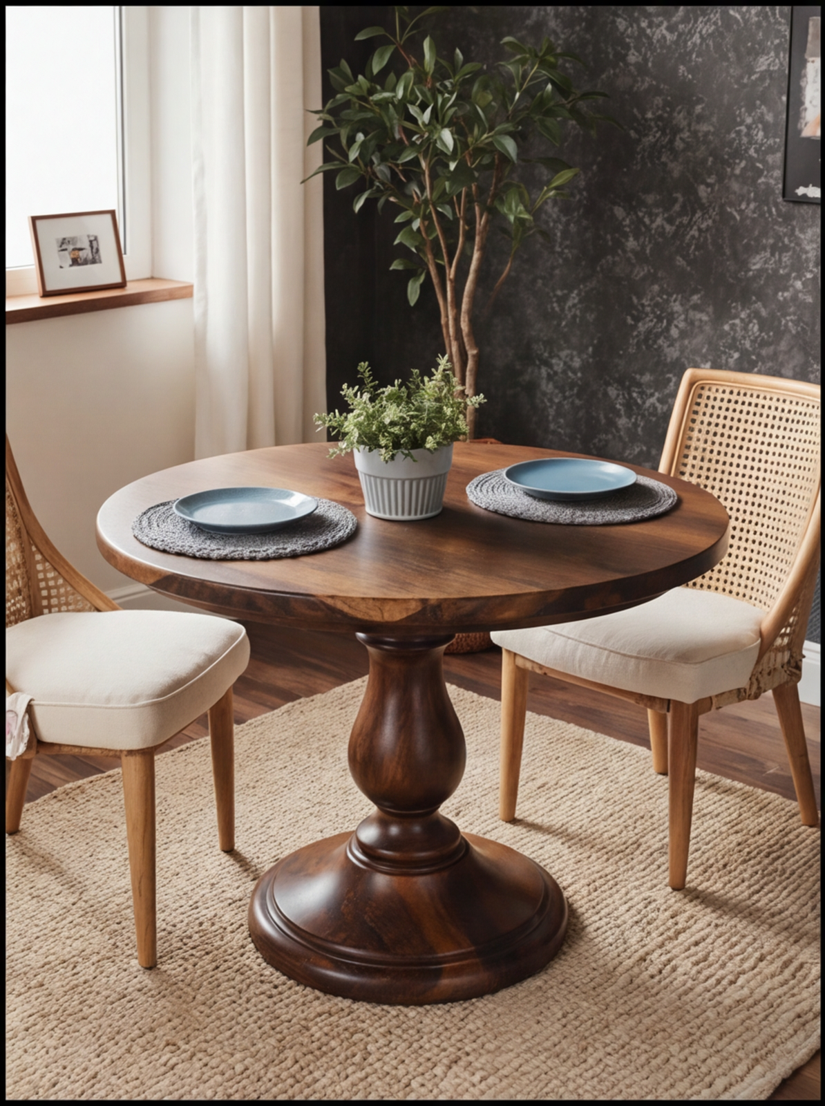 Solid wood round dining table with pedestal base, two chairs, and plant centerpiece