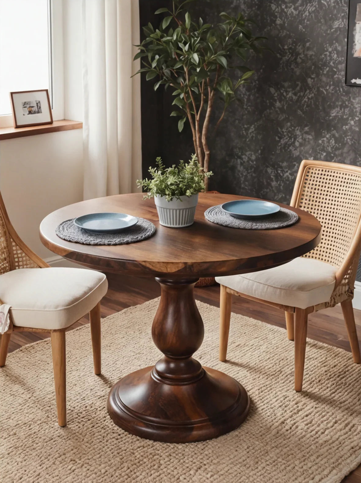 Solid wood round dining table with pedestal base, two chairs, and plant centerpiece
