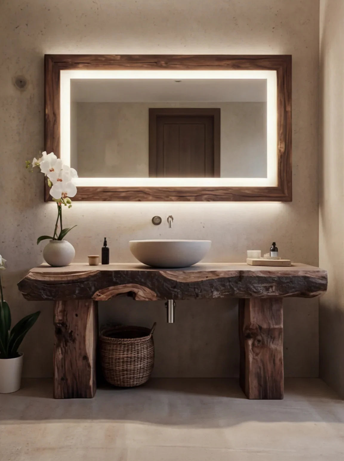 Live edge solid wood bathroom vanity with vessel sink, backlit mirror, and minimalist decor.