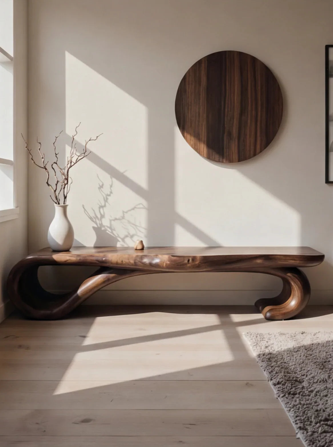 Curved solid wood bench with organic design in sunlit room, minimalist decor, live edge style